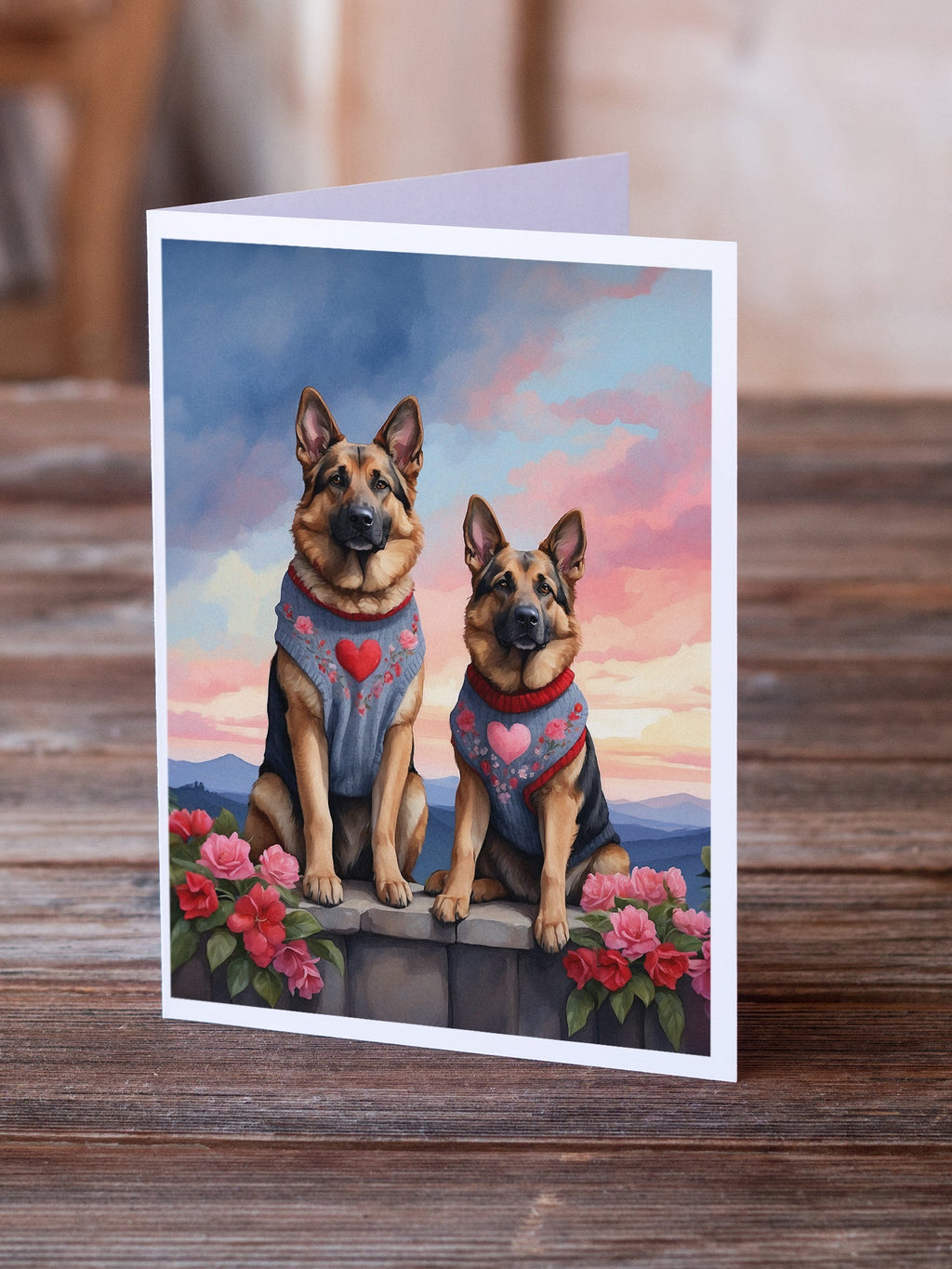 German Shepherd Two Hearts Greeting Cards Pack of 8 Blank Cards with Envelopes Whimsical A7 Size 5x7