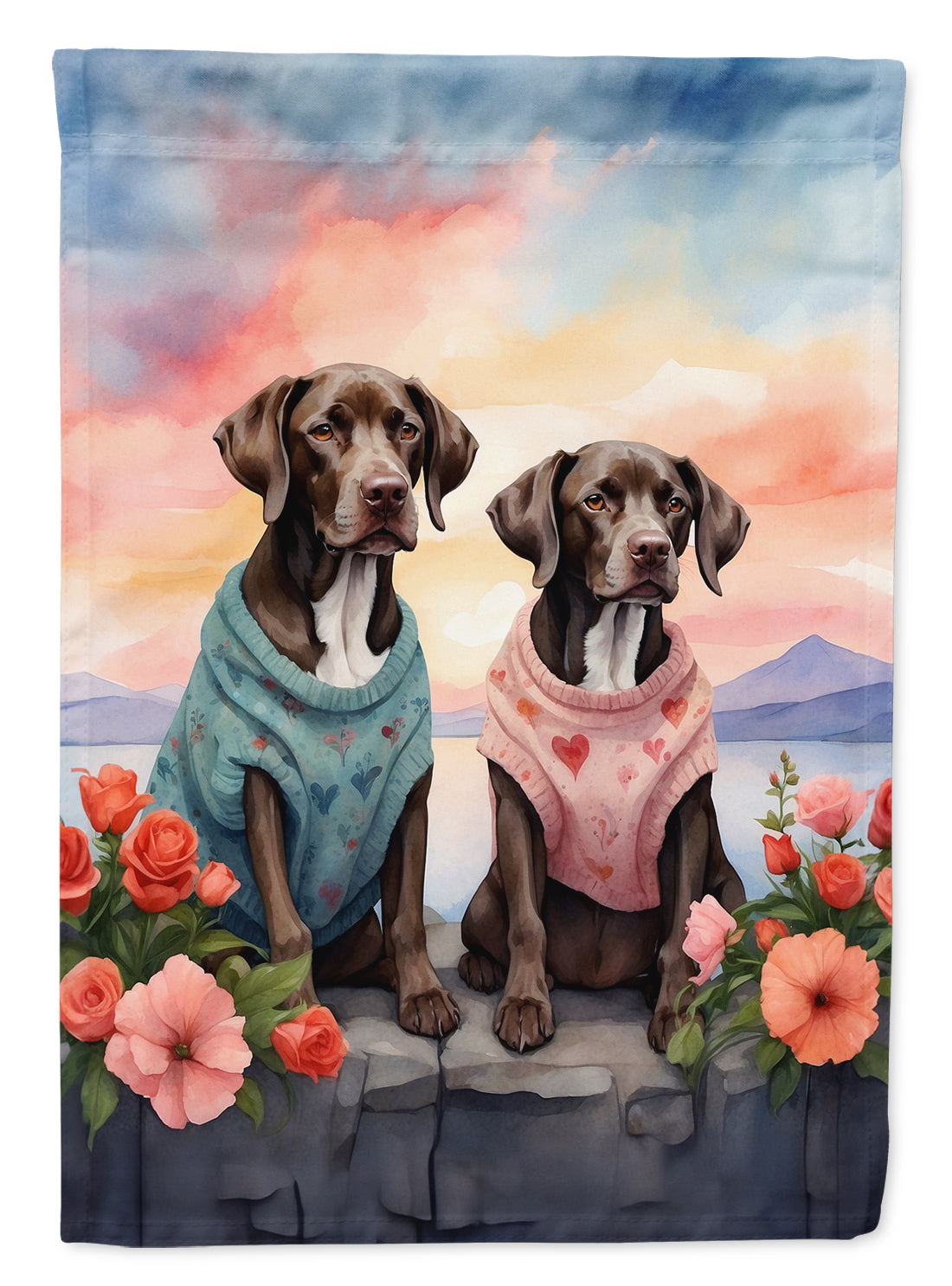 German Shorthaired Pointer Two Hearts House Flag 28x40 Porch Sleeve Pole Decorative Outside Yard Banner Artwork Wall Hanging, Polyester