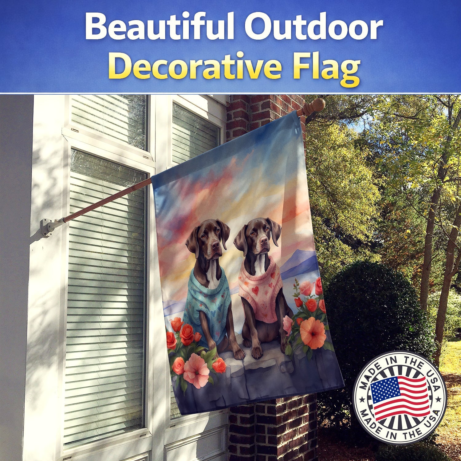 German Shorthaired Pointer Two Hearts House Flag 28x40 Porch Sleeve Pole Decorative Outside Yard Banner Artwork Wall Hanging, Polyester
