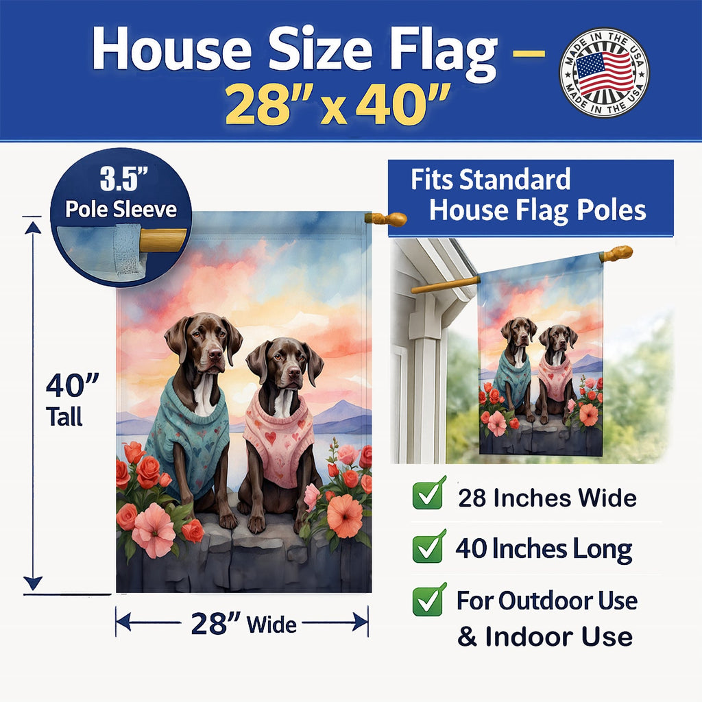 German Shorthaired Pointer Two Hearts House Flag 28x40 Porch Sleeve Pole Decorative Outside Yard Banner Artwork Wall Hanging, Polyester