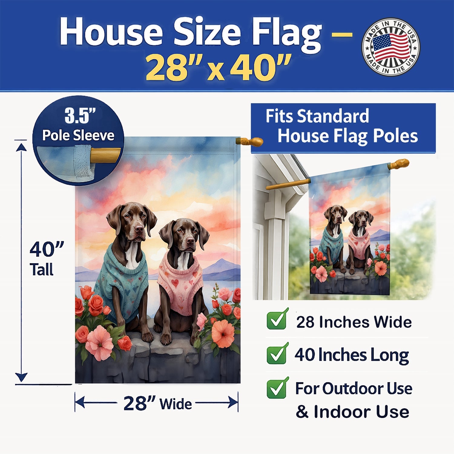 German Shorthaired Pointer Two Hearts House Flag 28x40 Porch Sleeve Pole Decorative Outside Yard Banner Artwork Wall Hanging, Polyester