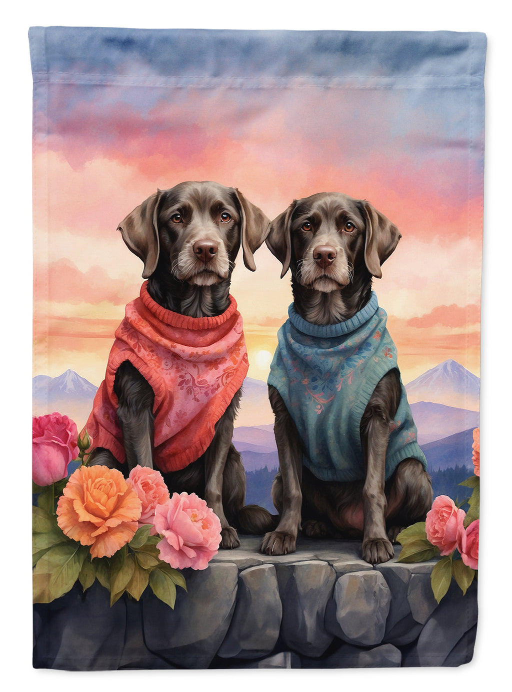 German Wirehaired Pointer Two Hearts House Flag 28x40 Porch Sleeve Pole Decorative Outside Yard Banner Artwork Wall Hanging, Polyester