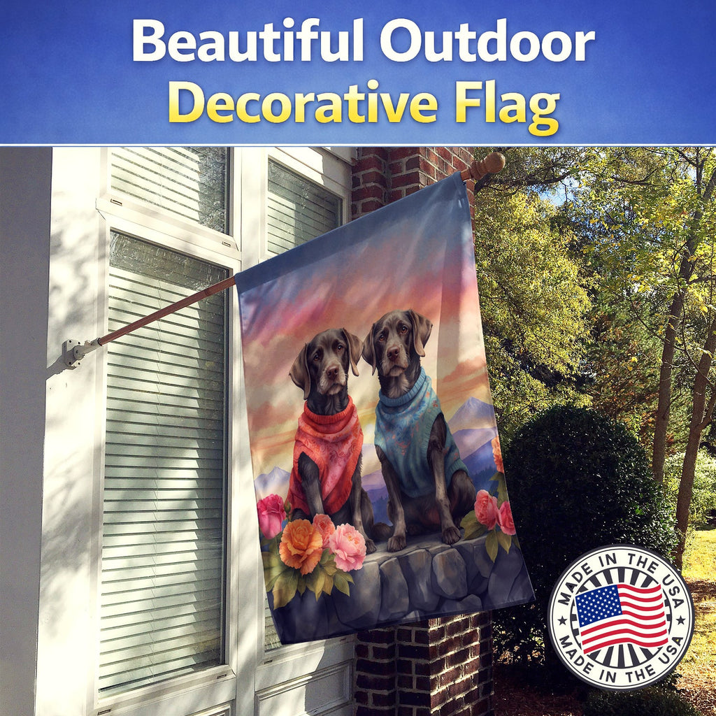 German Wirehaired Pointer Two Hearts House Flag 28x40 Porch Sleeve Pole Decorative Outside Yard Banner Artwork Wall Hanging, Polyester