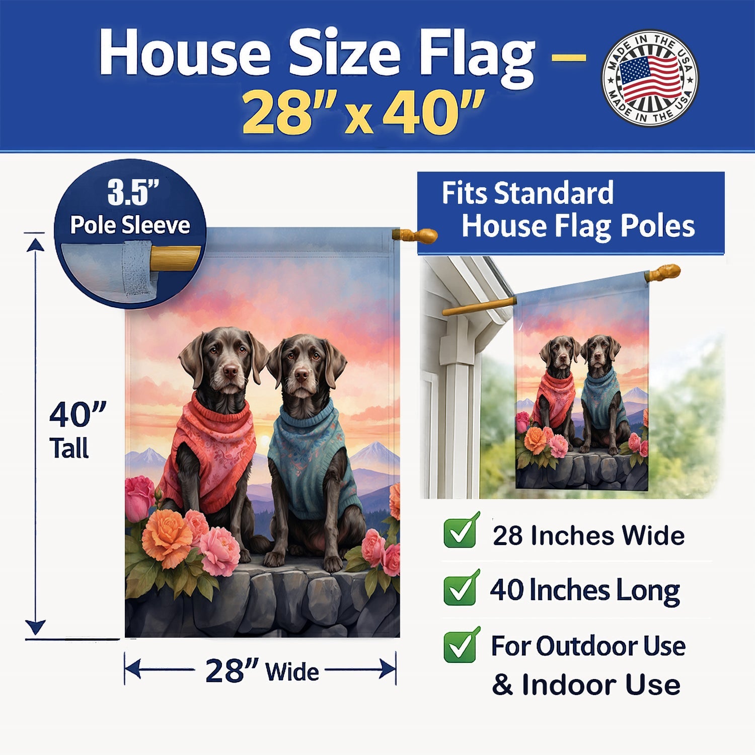 German Wirehaired Pointer Two Hearts House Flag 28x40 Porch Sleeve Pole Decorative Outside Yard Banner Artwork Wall Hanging, Polyester