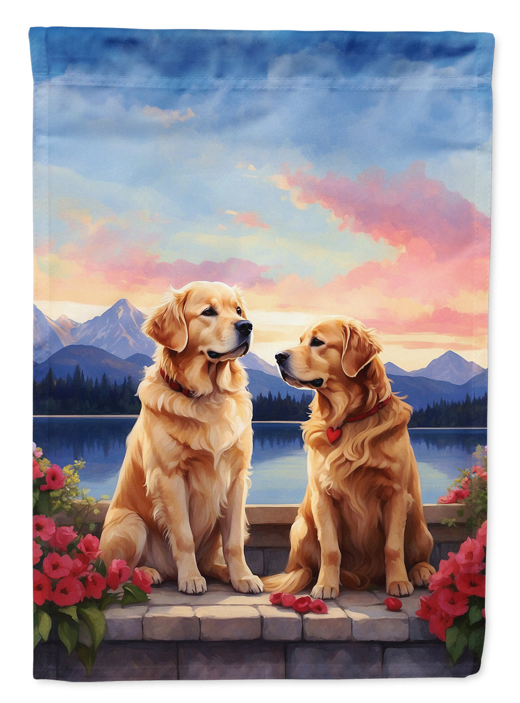 Golden Retriever Two Hearts House Flag 28x40 Porch Sleeve Pole Decorative Outside Yard Banner Artwork Wall Hanging, Polyester