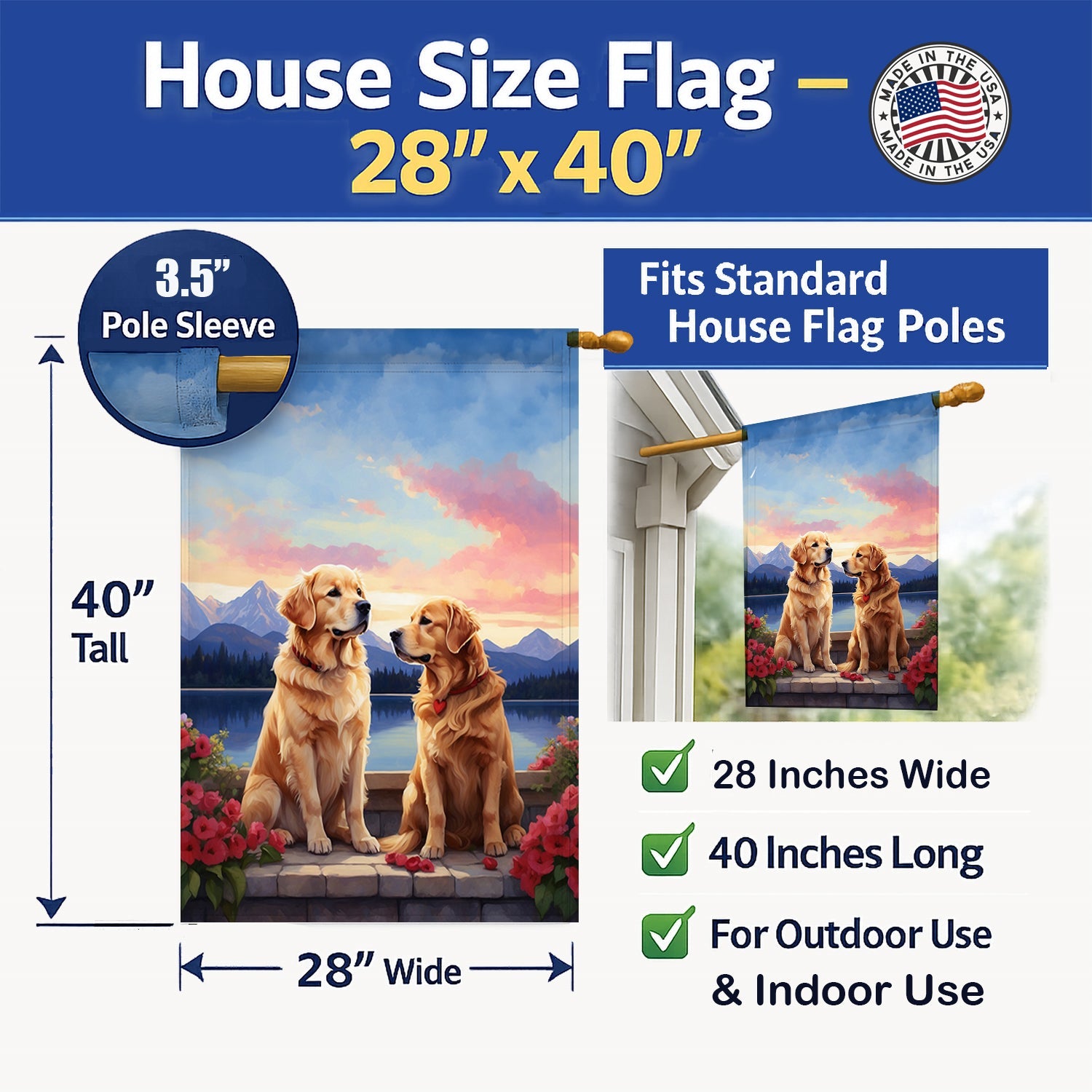 Golden Retriever Two Hearts House Flag 28x40 Porch Sleeve Pole Decorative Outside Yard Banner Artwork Wall Hanging, Polyester