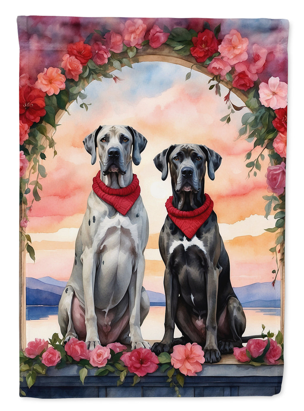 Great Dane Two Hearts House Flag 28x40 Porch Sleeve Pole Decorative Outside Yard Banner Artwork Wall Hanging, Polyester