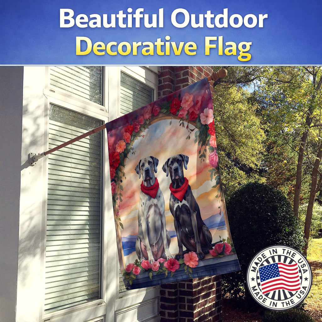 Great Dane Two Hearts House Flag 28x40 Porch Sleeve Pole Decorative Outside Yard Banner Artwork Wall Hanging, Polyester