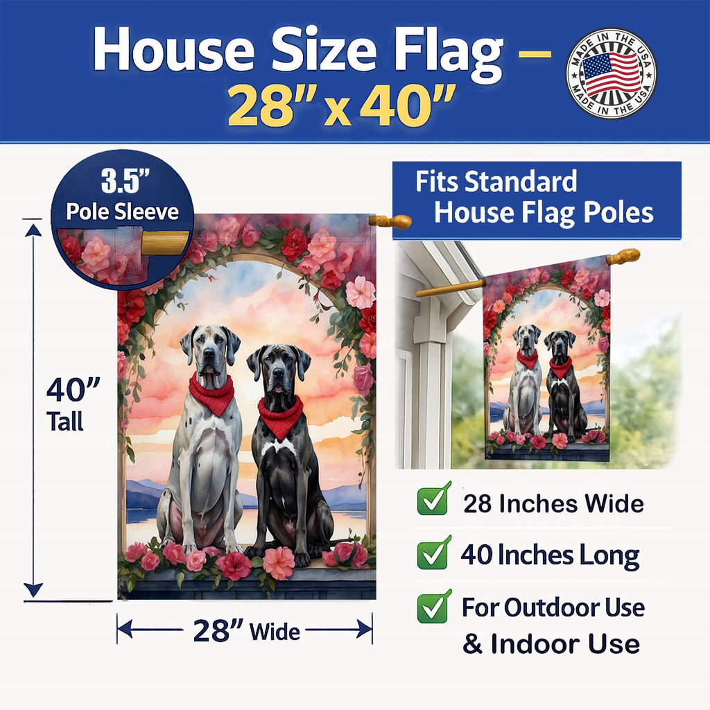Great Dane Two Hearts House Flag 28x40 Porch Sleeve Pole Decorative Outside Yard Banner Artwork Wall Hanging, Polyester