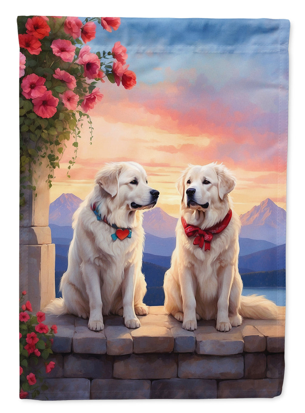 Great Pyrenees Two Hearts House Flag 28x40 Porch Sleeve Pole Decorative Outside Yard Banner Artwork Wall Hanging, Polyester