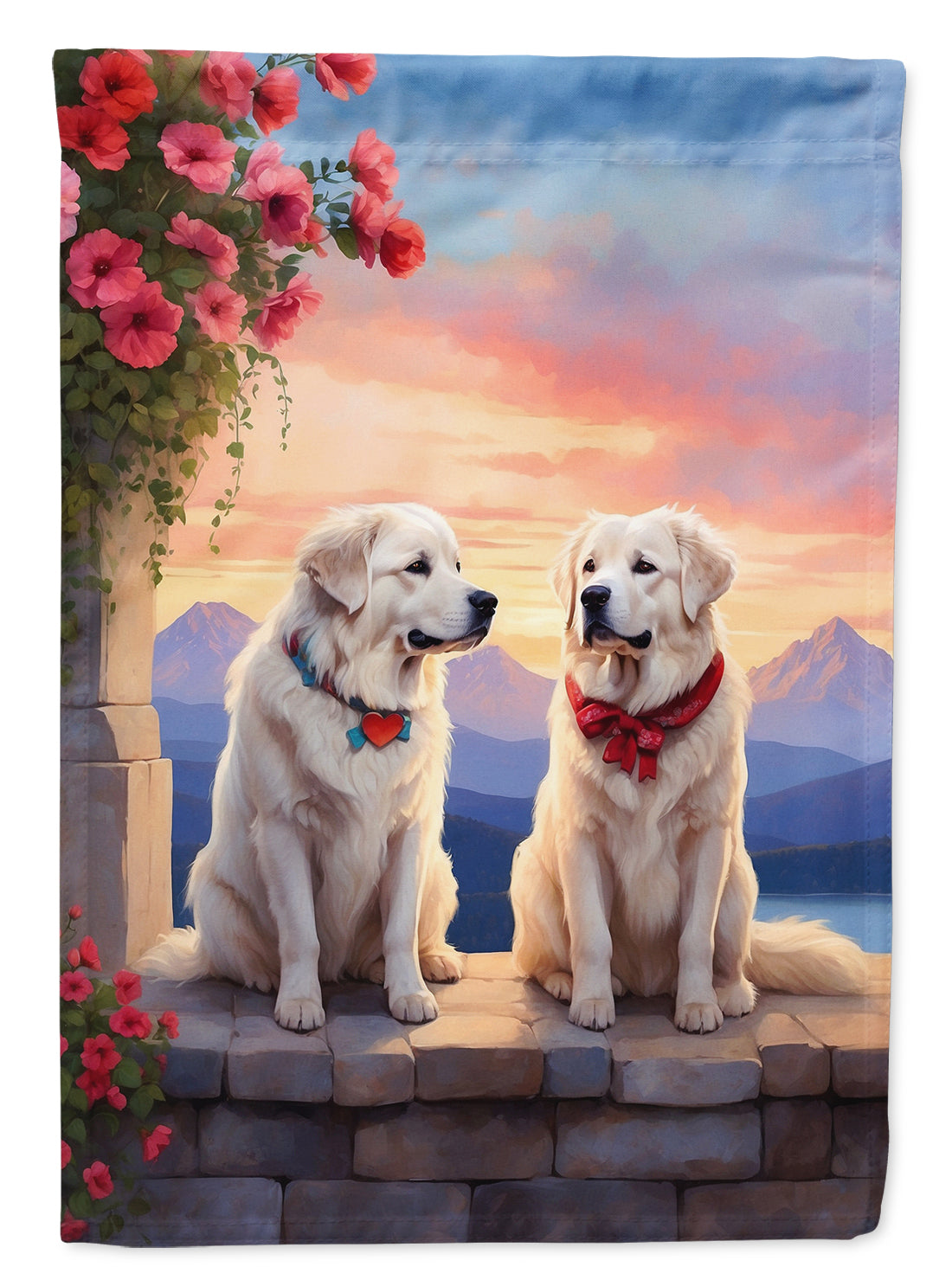 Great Pyrenees Two Hearts House Flag 28x40 Porch Sleeve Pole Decorative Outside Yard Banner Artwork Wall Hanging, Polyester