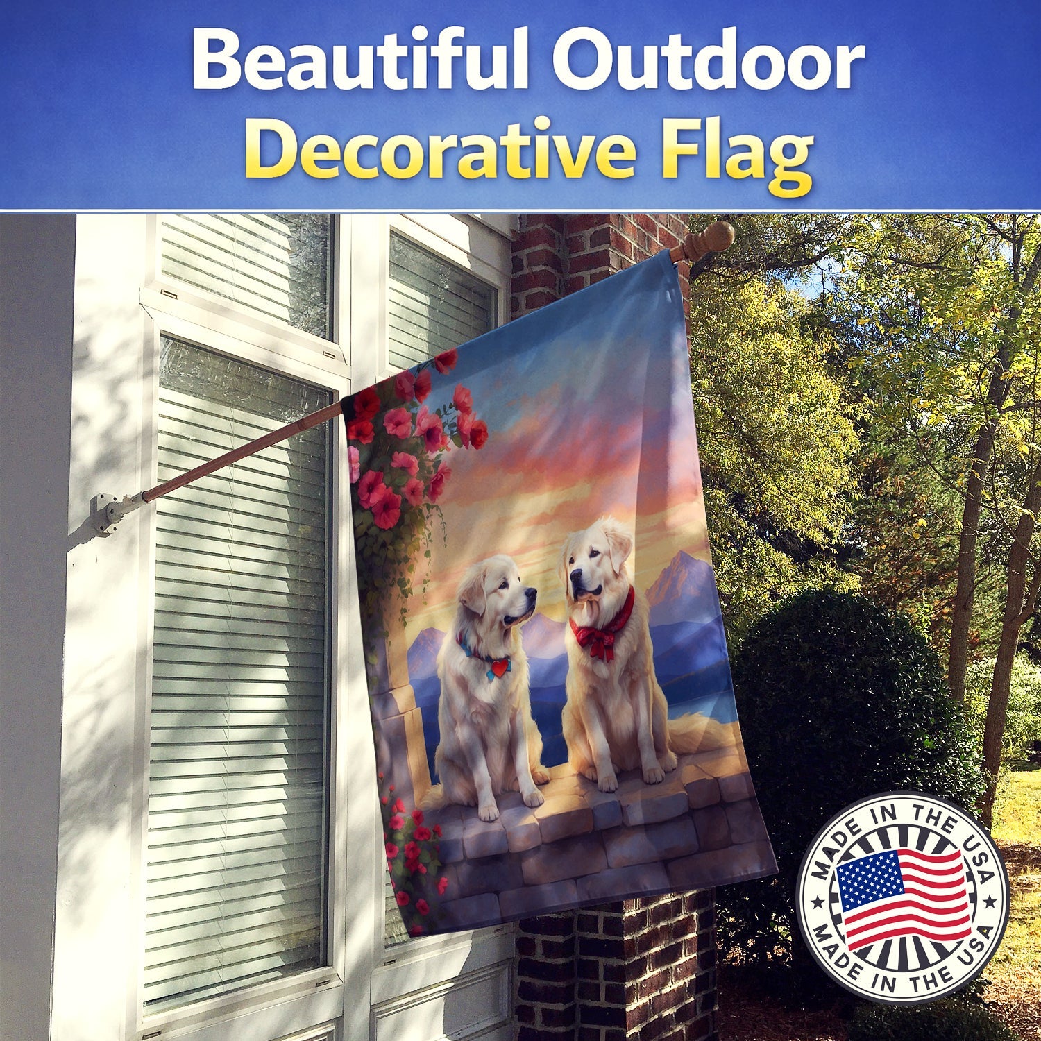 Great Pyrenees Two Hearts House Flag 28x40 Porch Sleeve Pole Decorative Outside Yard Banner Artwork Wall Hanging, Polyester
