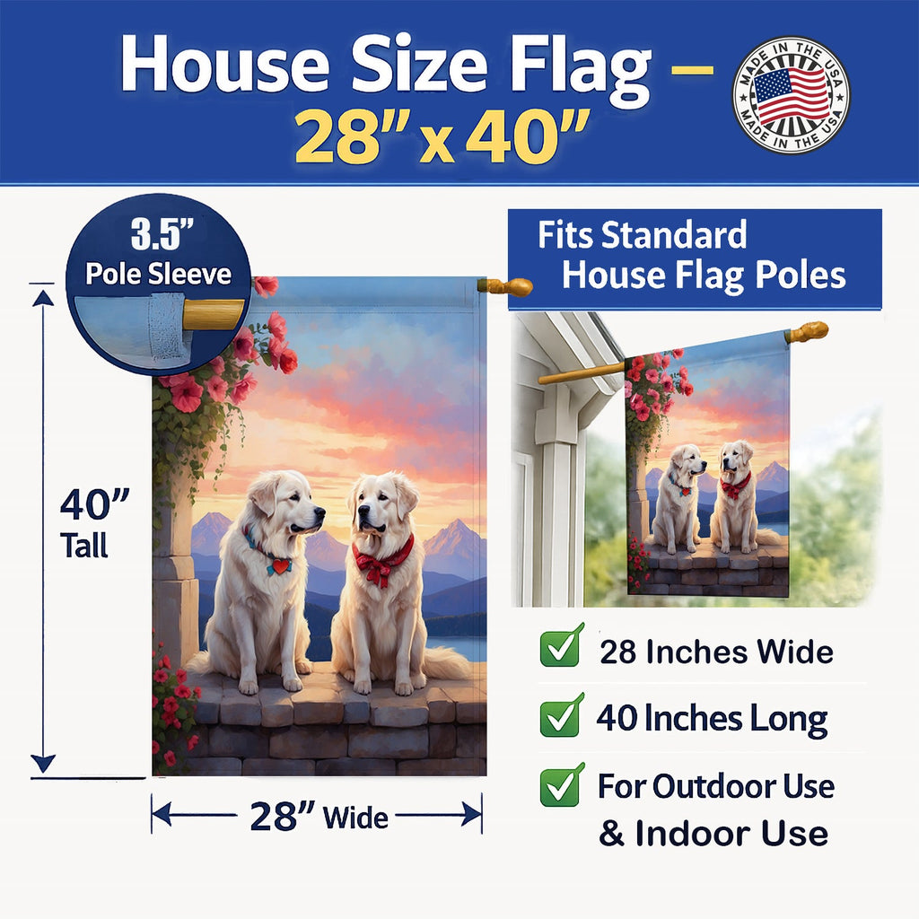 Great Pyrenees Two Hearts House Flag 28x40 Porch Sleeve Pole Decorative Outside Yard Banner Artwork Wall Hanging, Polyester