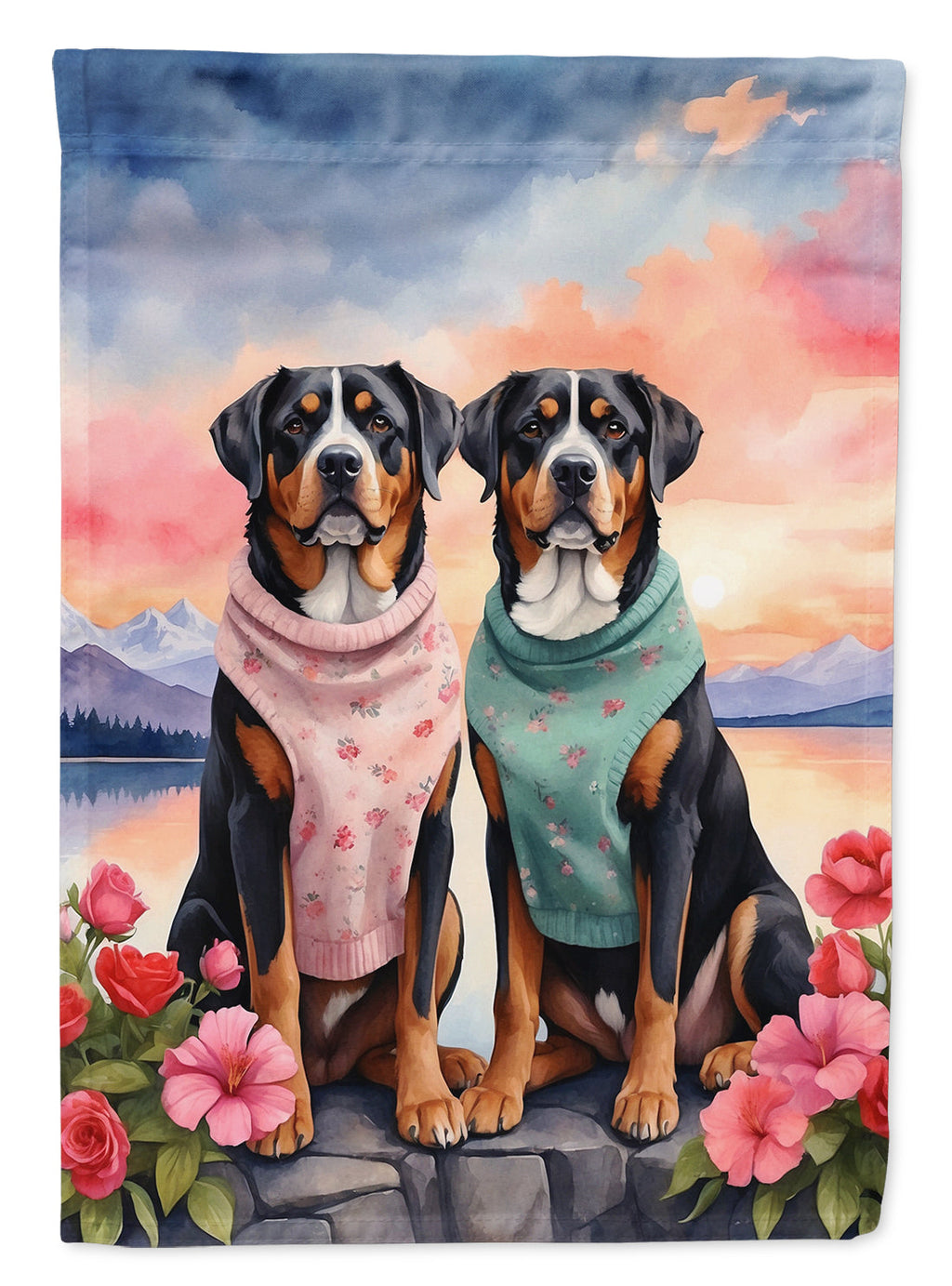 Greater Swiss Mountain Dog Two Hearts House Flag 28x40 Porch Sleeve Pole Decorative Outside Yard Banner Artwork Wall Hanging, Polyester