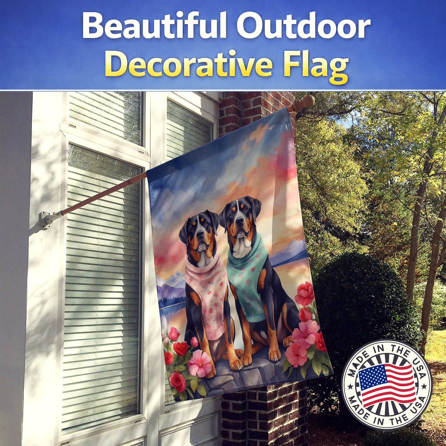 Greater Swiss Mountain Dog Two Hearts House Flag 28x40 Porch Sleeve Pole Decorative Outside Yard Banner Artwork Wall Hanging, Polyester
