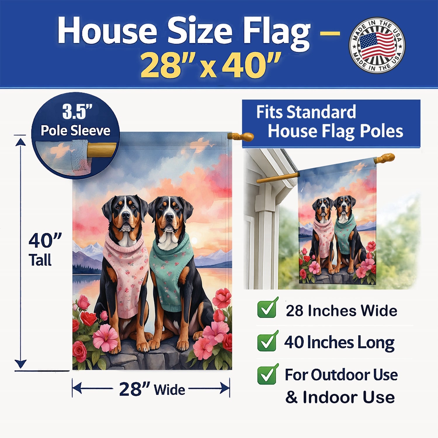 Greater Swiss Mountain Dog Two Hearts House Flag 28x40 Porch Sleeve Pole Decorative Outside Yard Banner Artwork Wall Hanging, Polyester