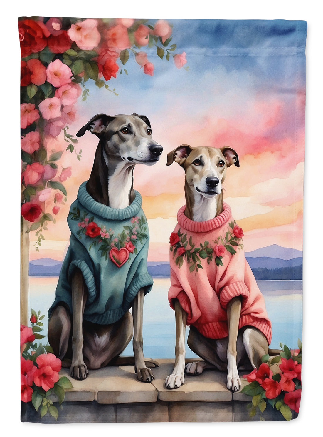 Greyhound Two Hearts House Flag 28x40 Porch Sleeve Pole Decorative Outside Yard Banner Artwork Wall Hanging, Polyester