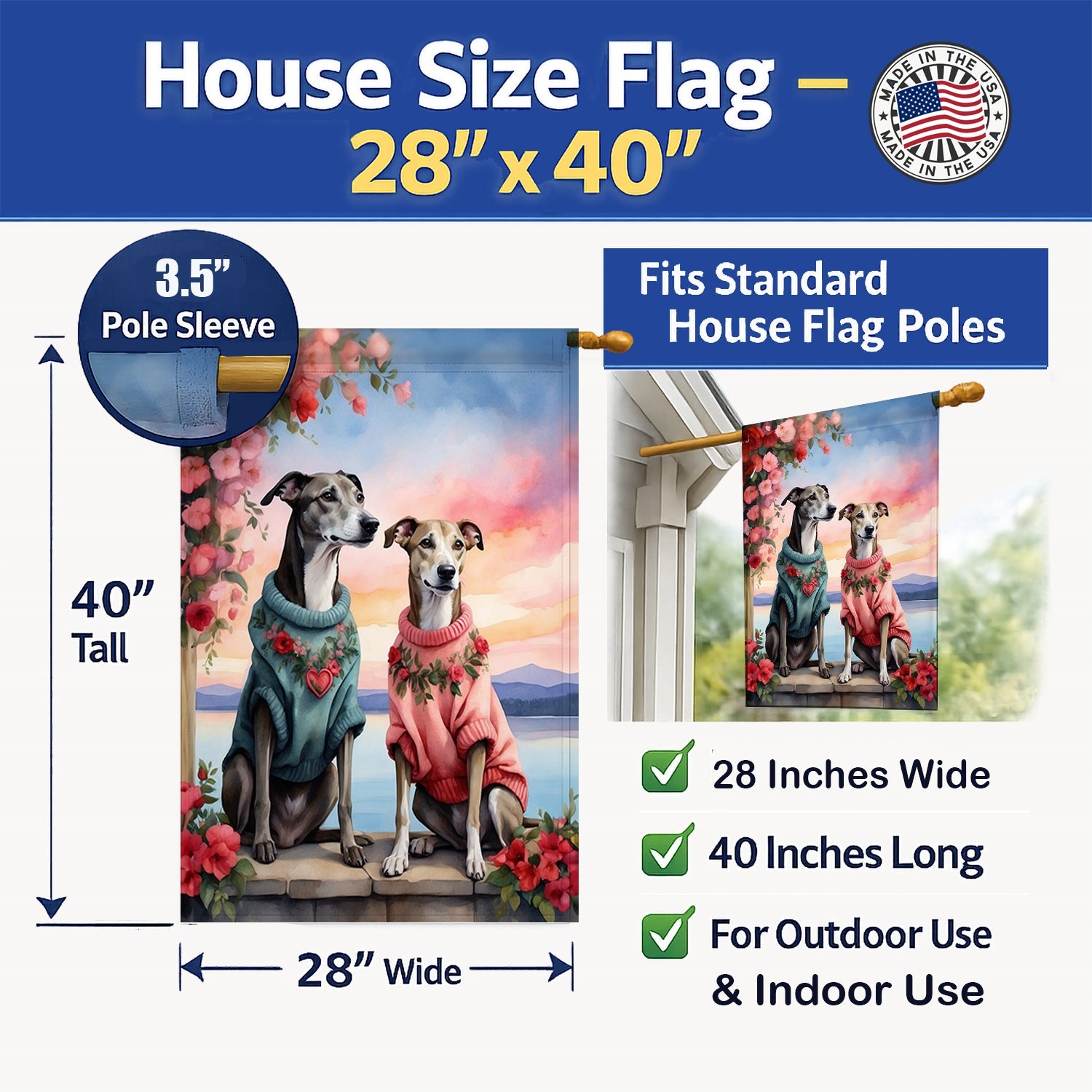 Greyhound Two Hearts House Flag 28x40 Porch Sleeve Pole Decorative Outside Yard Banner Artwork Wall Hanging, Polyester