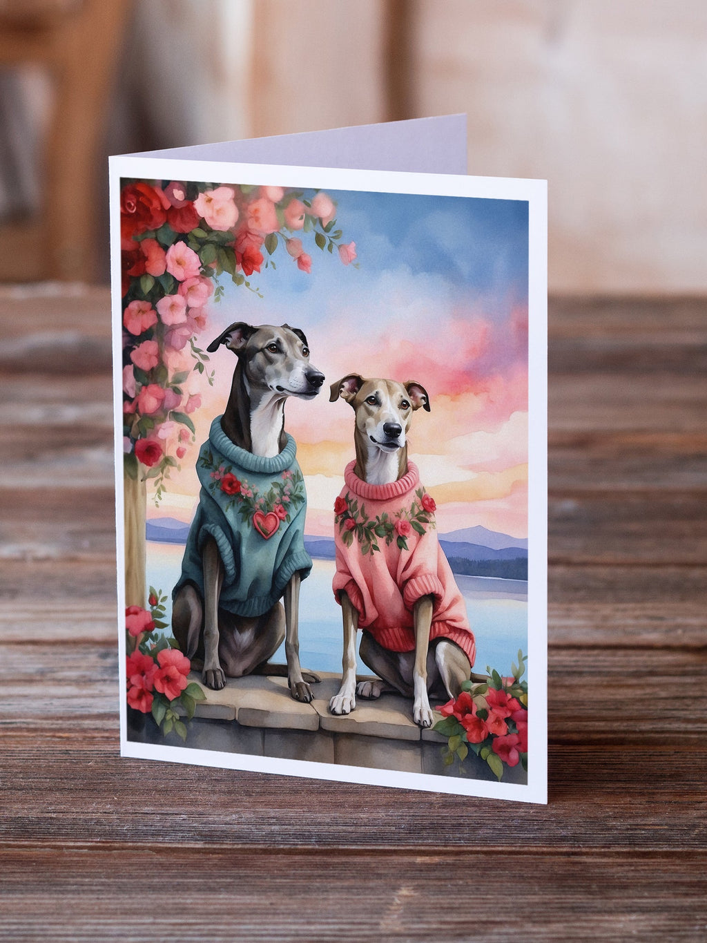 Greyhound Two Hearts Greeting Cards Pack of 8 Blank Cards with Envelopes Whimsical A7 Size 5x7