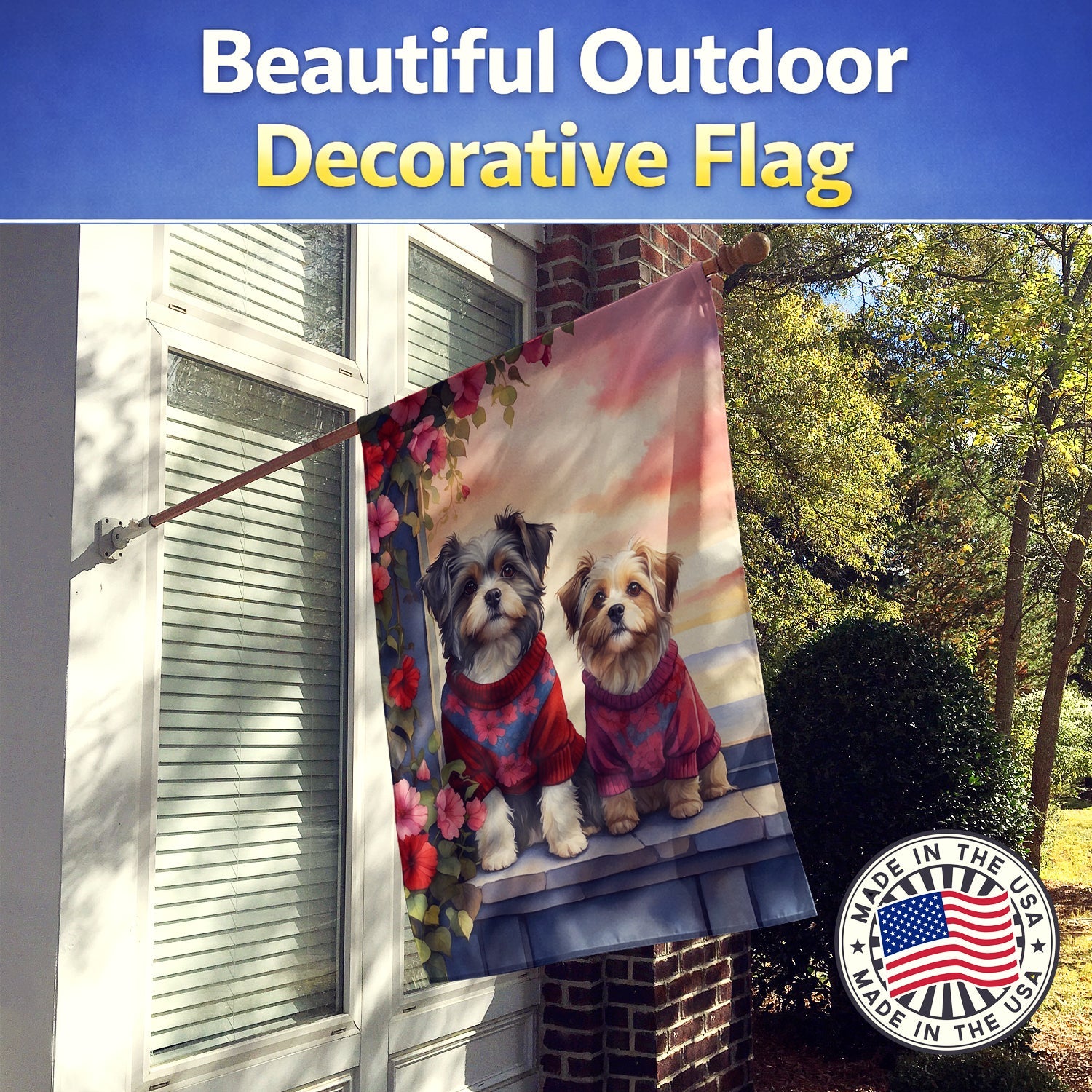 Havanese Two Hearts House Flag 28x40 Porch Sleeve Pole Decorative Outside Yard Banner Artwork Wall Hanging, Polyester