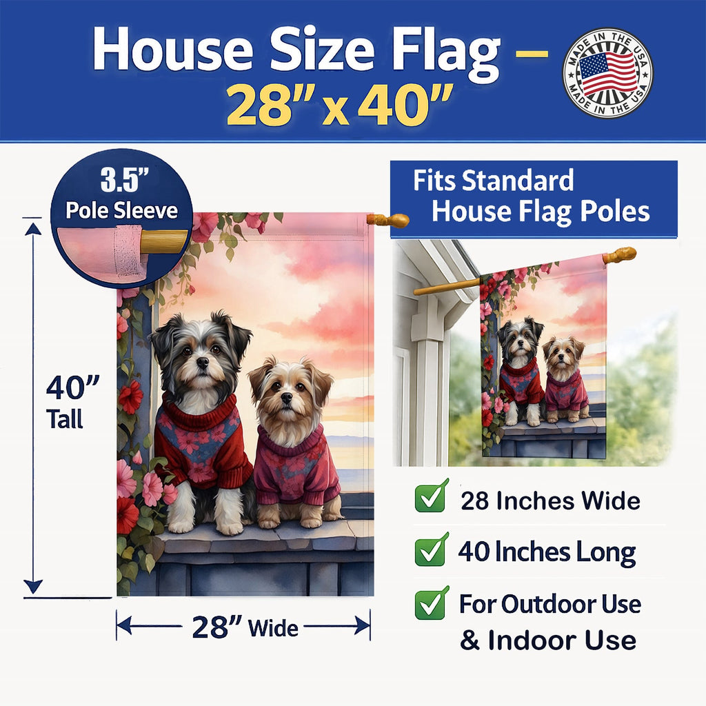 Havanese Two Hearts House Flag 28x40 Porch Sleeve Pole Decorative Outside Yard Banner Artwork Wall Hanging, Polyester