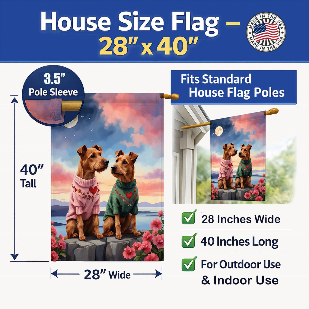 Irish Terrier Two Hearts House Flag 28x40 Porch Sleeve Pole Decorative Outside Yard Banner Artwork Wall Hanging, Polyester