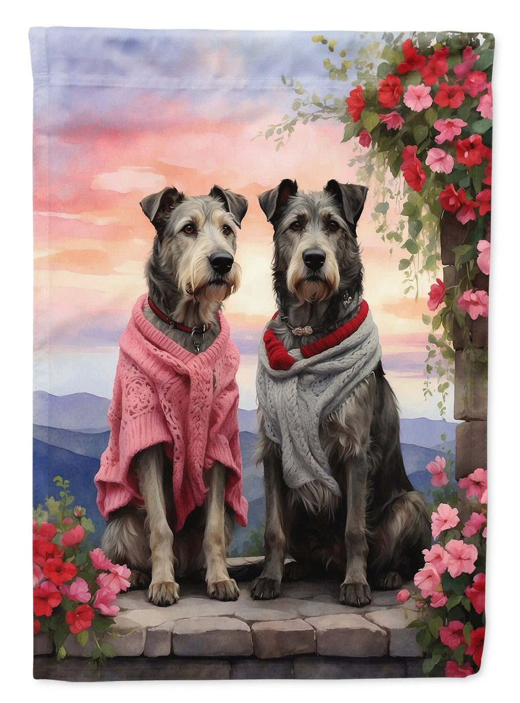 Irish Wolfhound Two Hearts House Flag 28x40 Porch Sleeve Pole Decorative Outside Yard Banner Artwork Wall Hanging, Polyester
