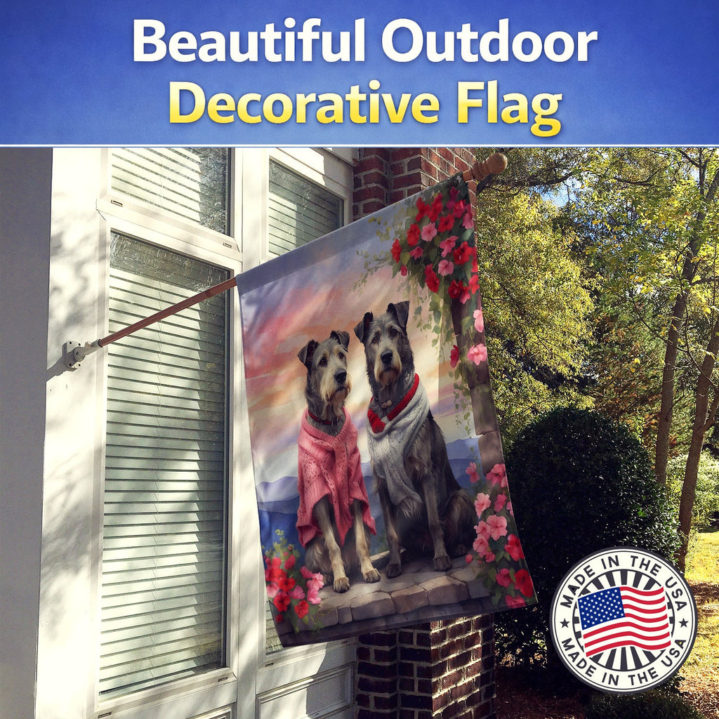 Irish Wolfhound Two Hearts House Flag 28x40 Porch Sleeve Pole Decorative Outside Yard Banner Artwork Wall Hanging, Polyester