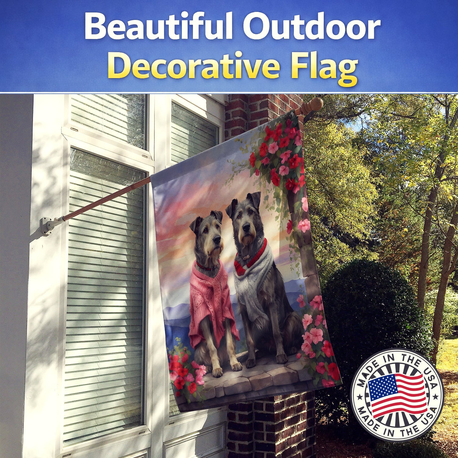 Irish Wolfhound Two Hearts House Flag 28x40 Porch Sleeve Pole Decorative Outside Yard Banner Artwork Wall Hanging, Polyester