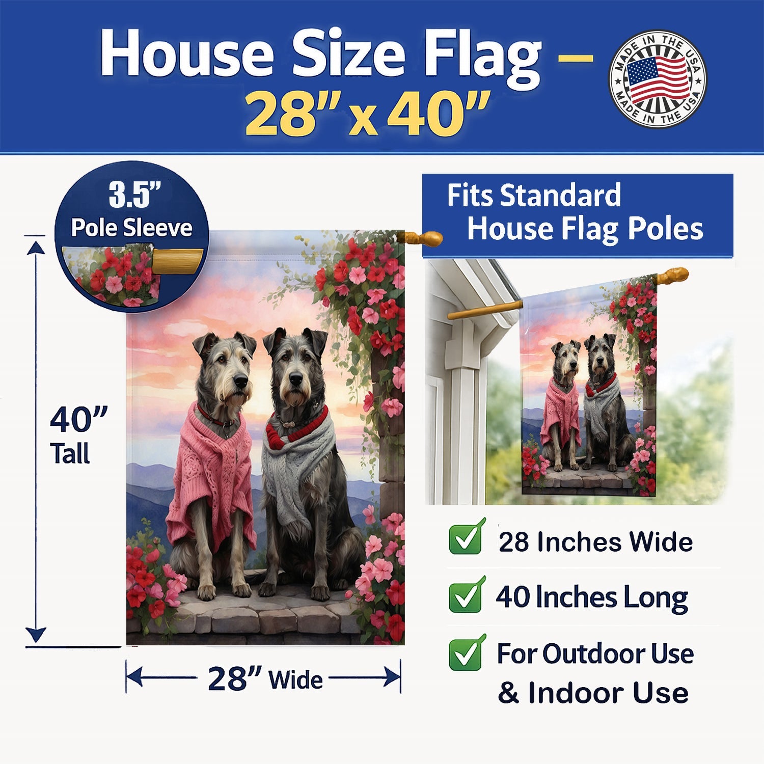 Irish Wolfhound Two Hearts House Flag 28x40 Porch Sleeve Pole Decorative Outside Yard Banner Artwork Wall Hanging, Polyester