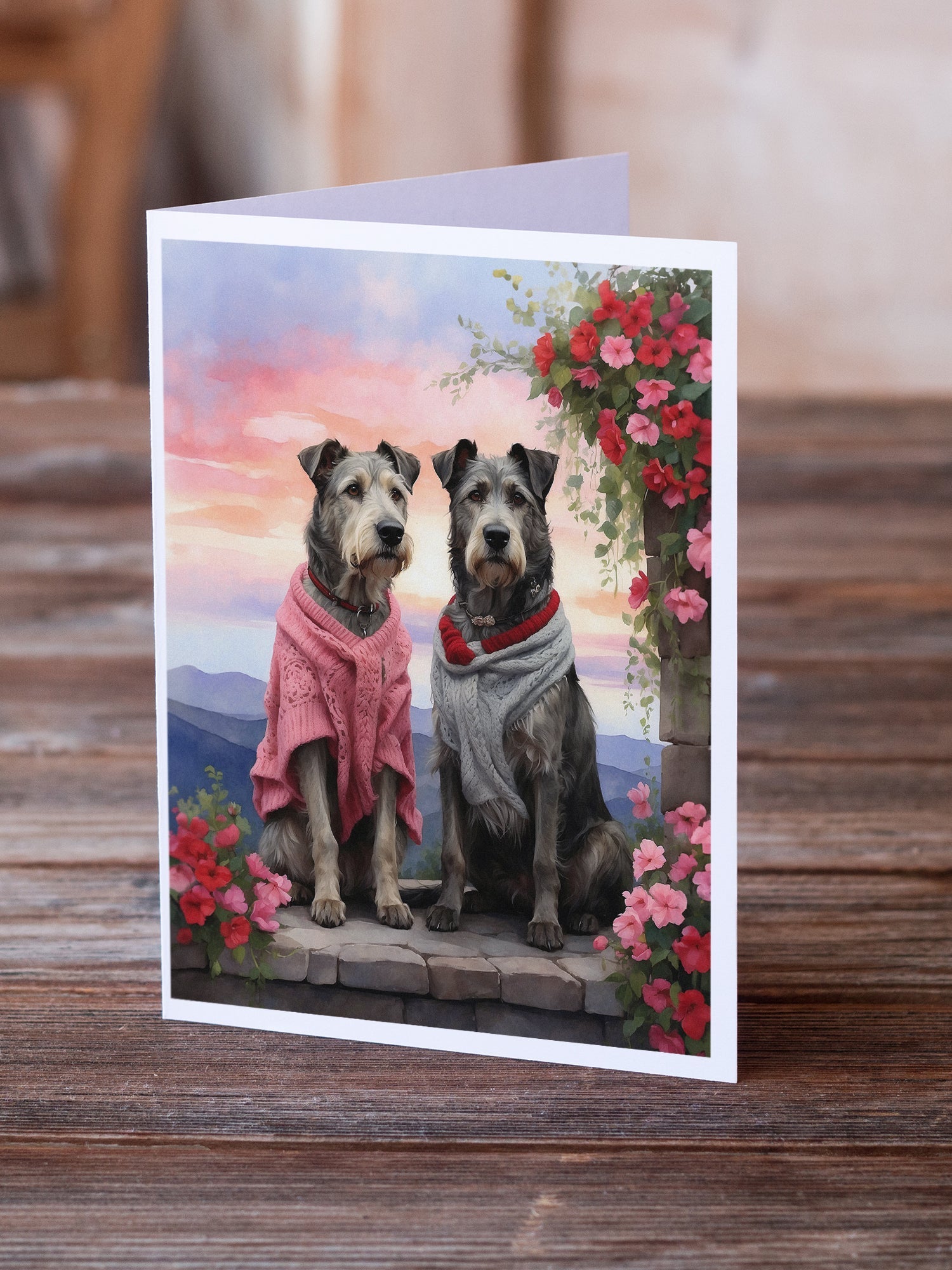 Irish Wolfhound Two Hearts Greeting Cards Pack of 8 Blank Cards with Envelopes Whimsical A7 Size 5x7