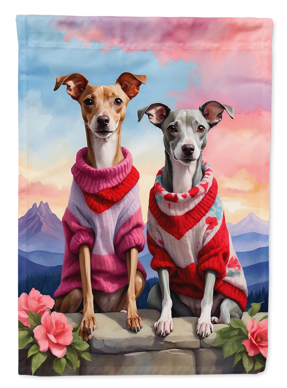 Italian Greyhound Two Hearts House Flag 28x40 Porch Sleeve Pole Decorative Outside Yard Banner Artwork Wall Hanging, Polyester