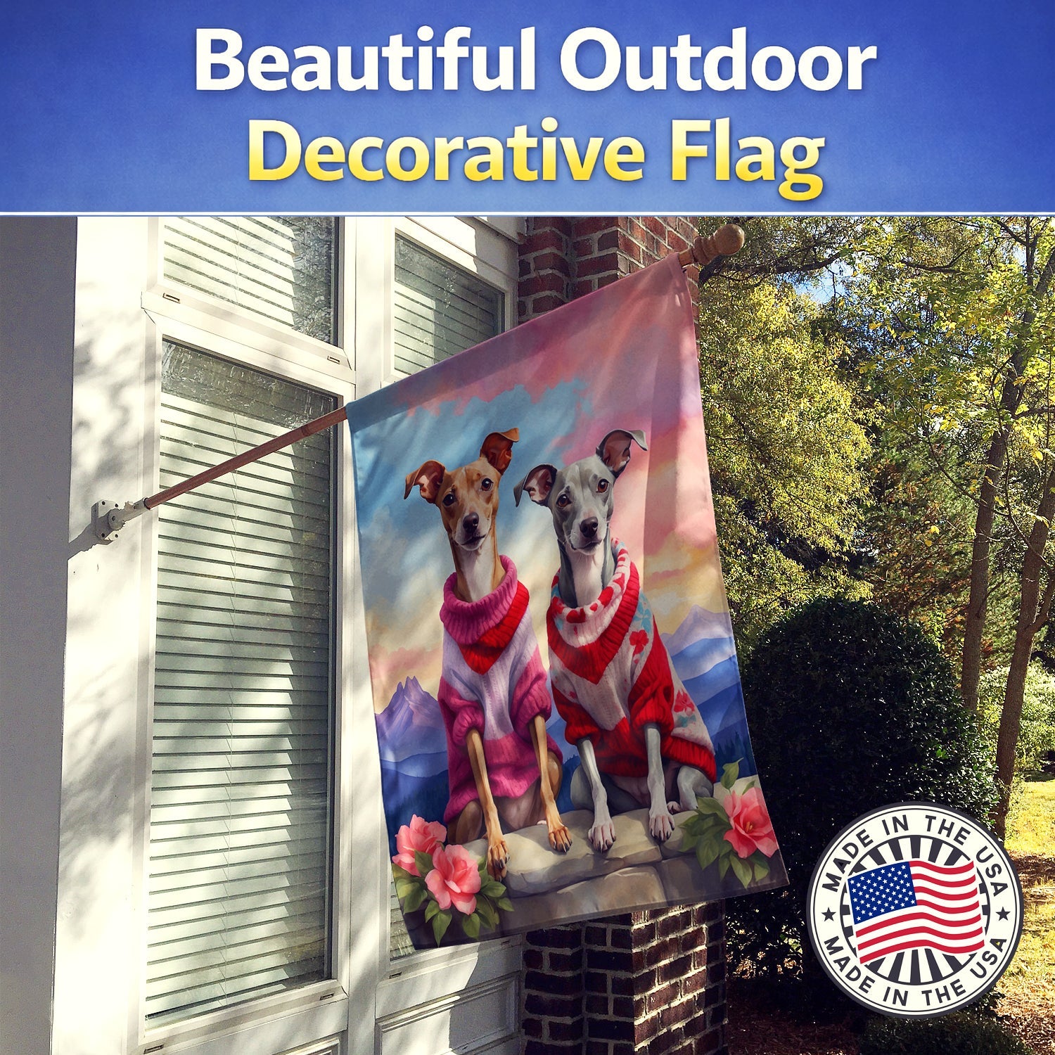 Italian Greyhound Two Hearts House Flag 28x40 Porch Sleeve Pole Decorative Outside Yard Banner Artwork Wall Hanging, Polyester