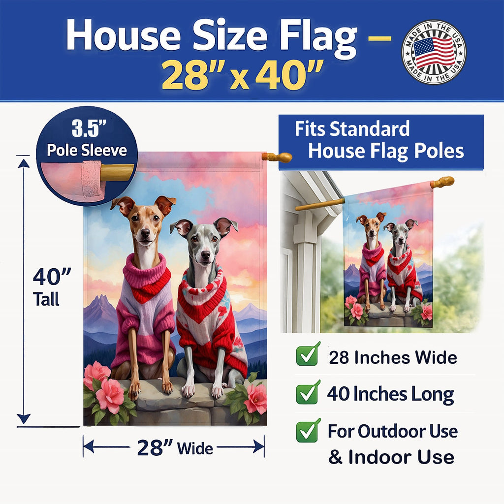 Italian Greyhound Two Hearts House Flag 28x40 Porch Sleeve Pole Decorative Outside Yard Banner Artwork Wall Hanging, Polyester