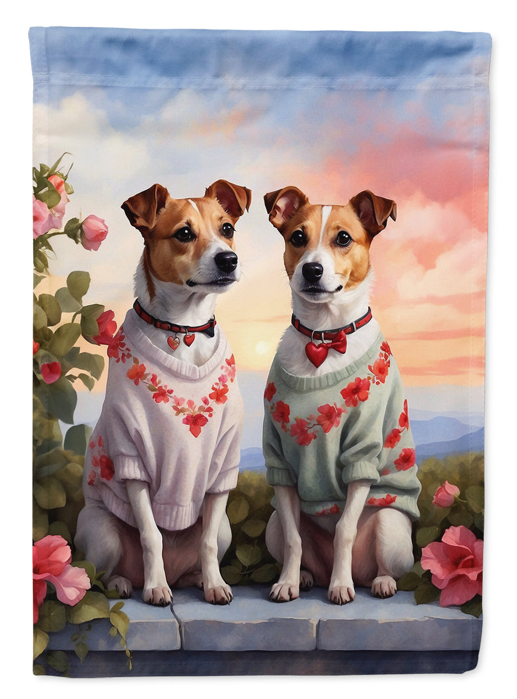Jack Russell Terrier Two Hearts House Flag 28x40 Porch Sleeve Pole Decorative Outside Yard Banner Artwork Wall Hanging, Polyester