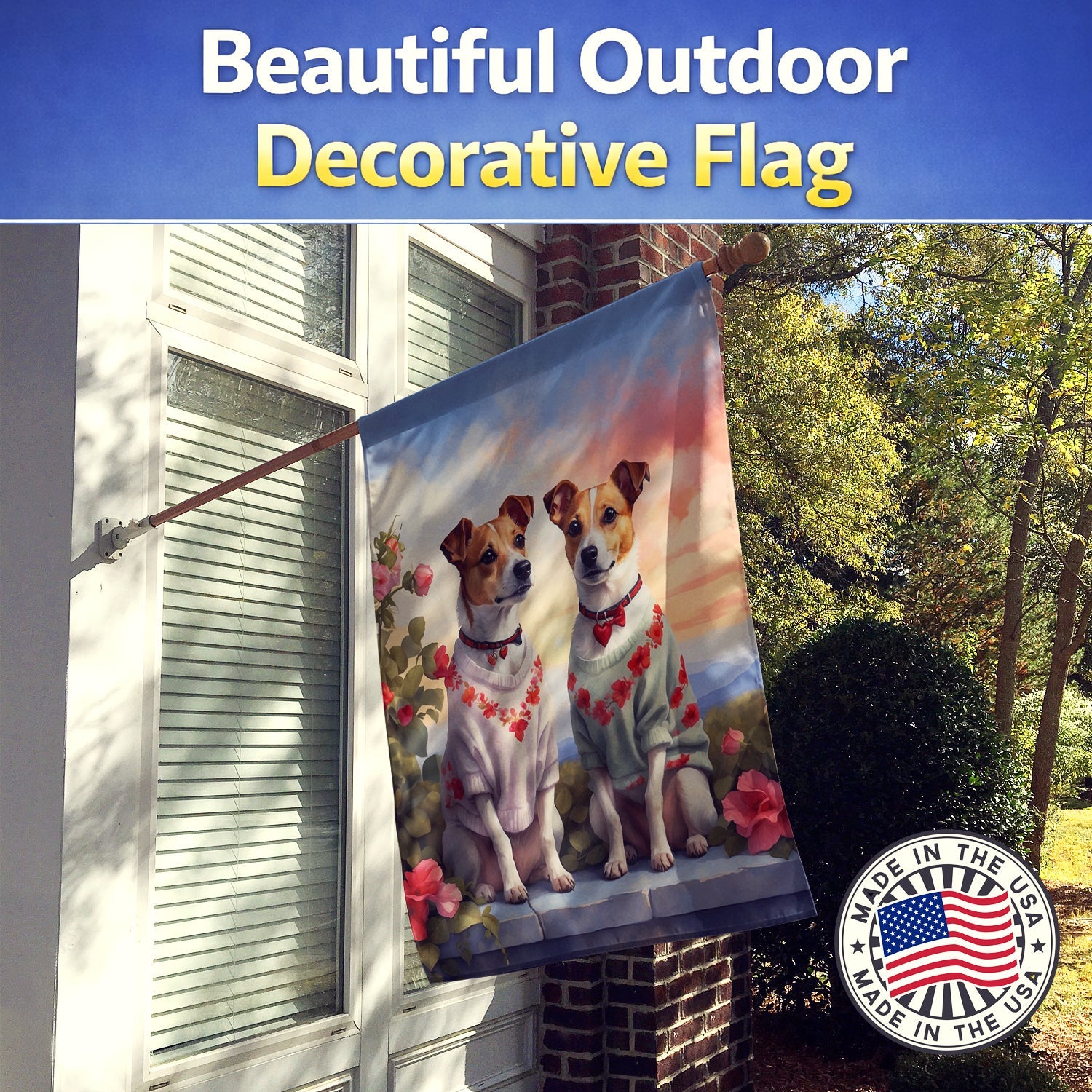 Jack Russell Terrier Two Hearts House Flag 28x40 Porch Sleeve Pole Decorative Outside Yard Banner Artwork Wall Hanging, Polyester