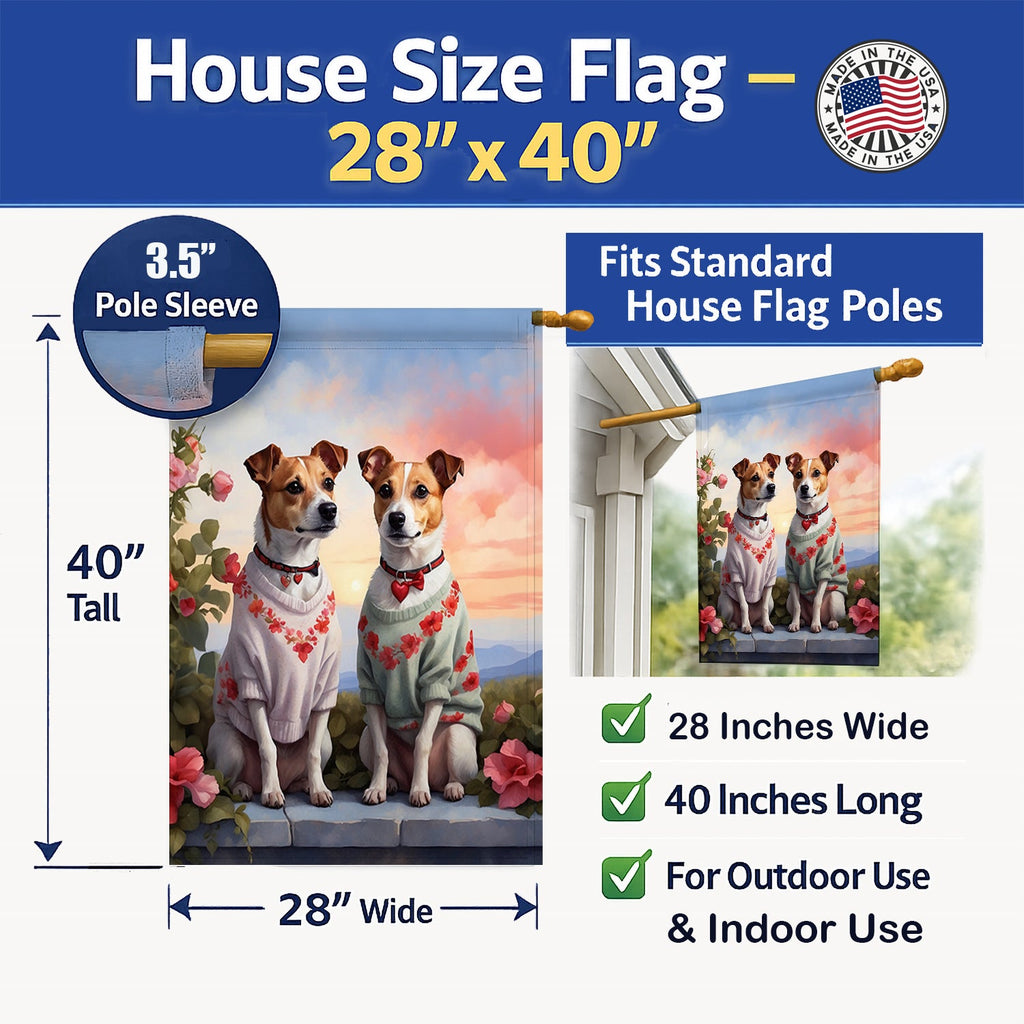 Jack Russell Terrier Two Hearts House Flag 28x40 Porch Sleeve Pole Decorative Outside Yard Banner Artwork Wall Hanging, Polyester