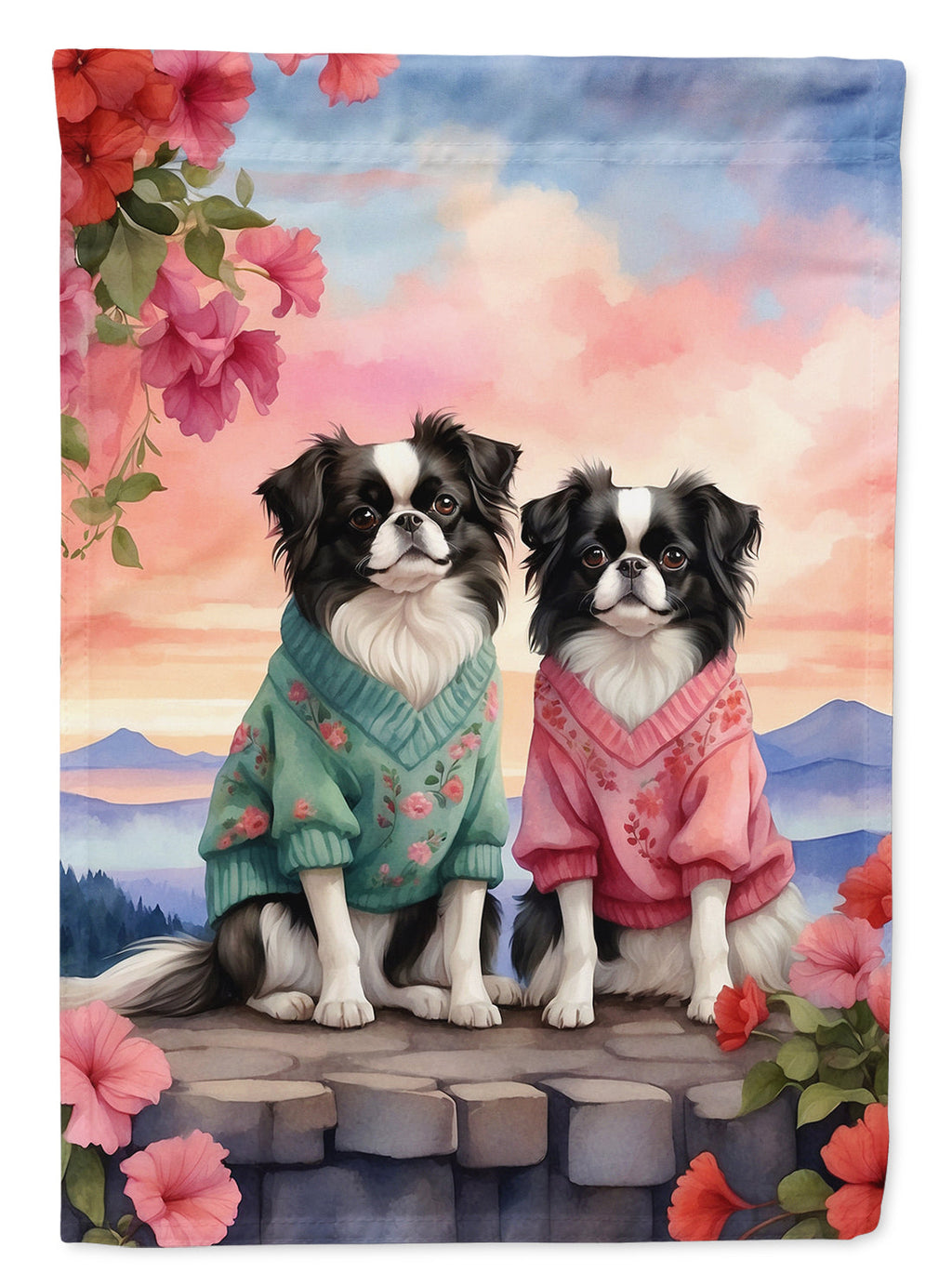 Japanese Chin Two Hearts House Flag 28x40 Porch Sleeve Pole Decorative Outside Yard Banner Artwork Wall Hanging, Polyester