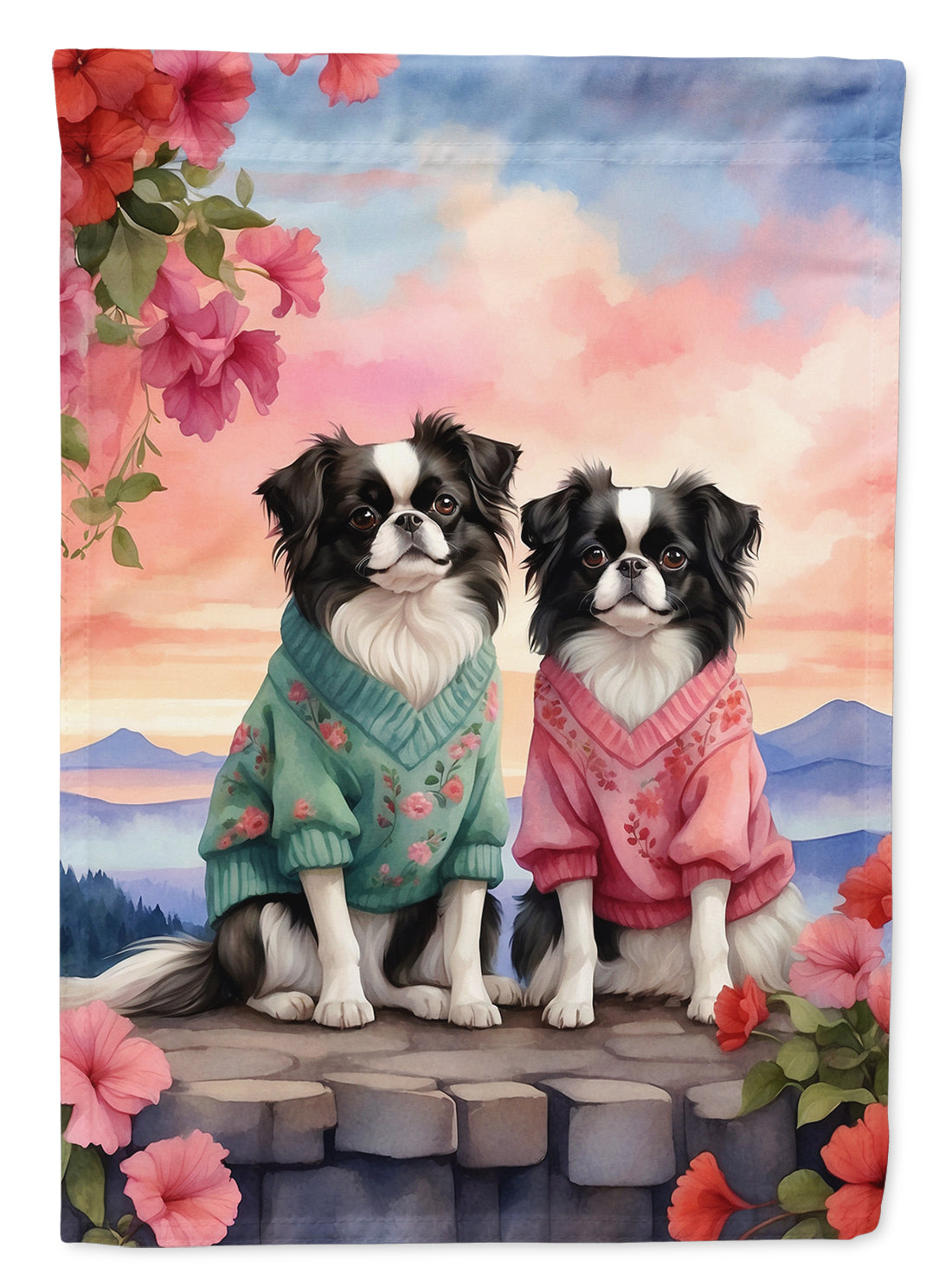 Japanese Chin Two Hearts House Flag 28x40 Porch Sleeve Pole Decorative Outside Yard Banner Artwork Wall Hanging, Polyester