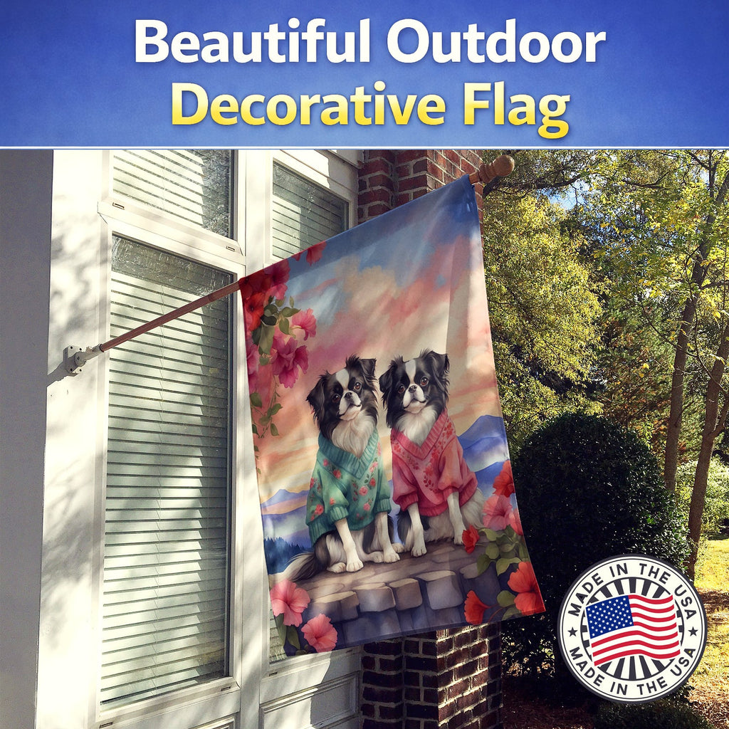 Japanese Chin Two Hearts House Flag 28x40 Porch Sleeve Pole Decorative Outside Yard Banner Artwork Wall Hanging, Polyester