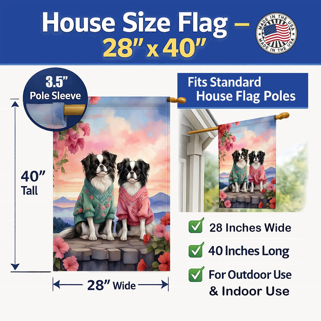 Japanese Chin Two Hearts House Flag 28x40 Porch Sleeve Pole Decorative Outside Yard Banner Artwork Wall Hanging, Polyester