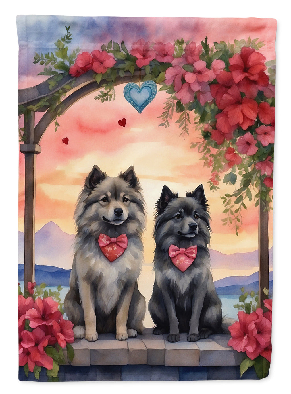 Keeshond Two Hearts House Flag 28x40 Porch Sleeve Pole Decorative Outside Yard Banner Artwork Wall Hanging, Polyester