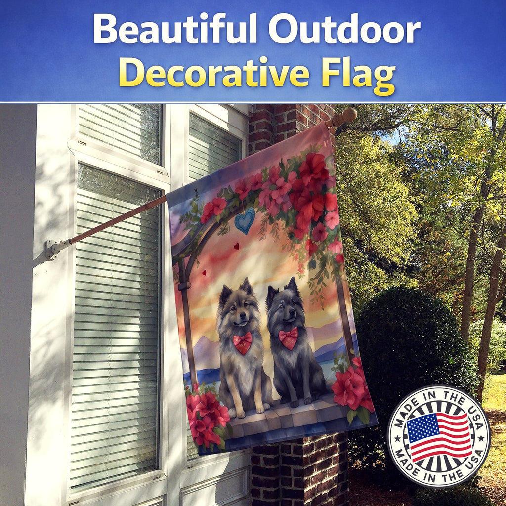 Keeshond Two Hearts House Flag 28x40 Porch Sleeve Pole Decorative Outside Yard Banner Artwork Wall Hanging, Polyester