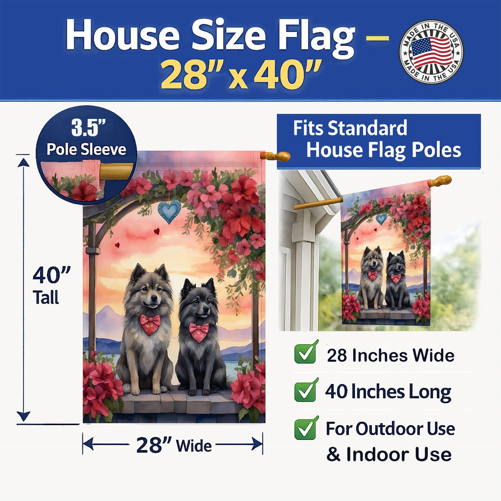 Keeshond Two Hearts House Flag 28x40 Porch Sleeve Pole Decorative Outside Yard Banner Artwork Wall Hanging, Polyester