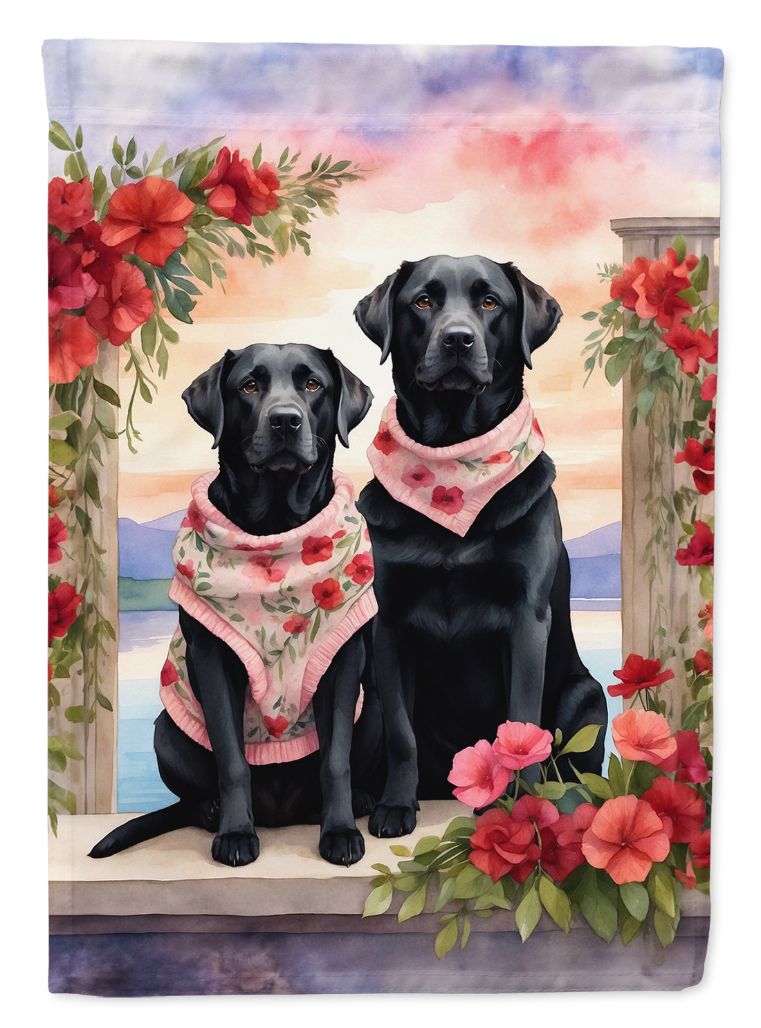 Black Labrador Retriever Two Hearts House Flag 28x40 Porch Sleeve Pole Decorative Outside Yard Banner Artwork Wall Hanging, Polyester