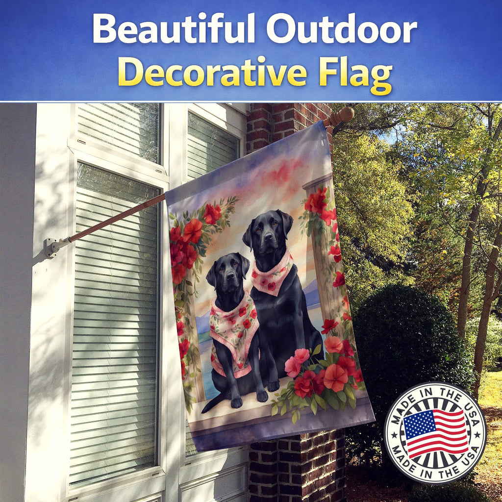 Black Labrador Retriever Two Hearts House Flag 28x40 Porch Sleeve Pole Decorative Outside Yard Banner Artwork Wall Hanging, Polyester
