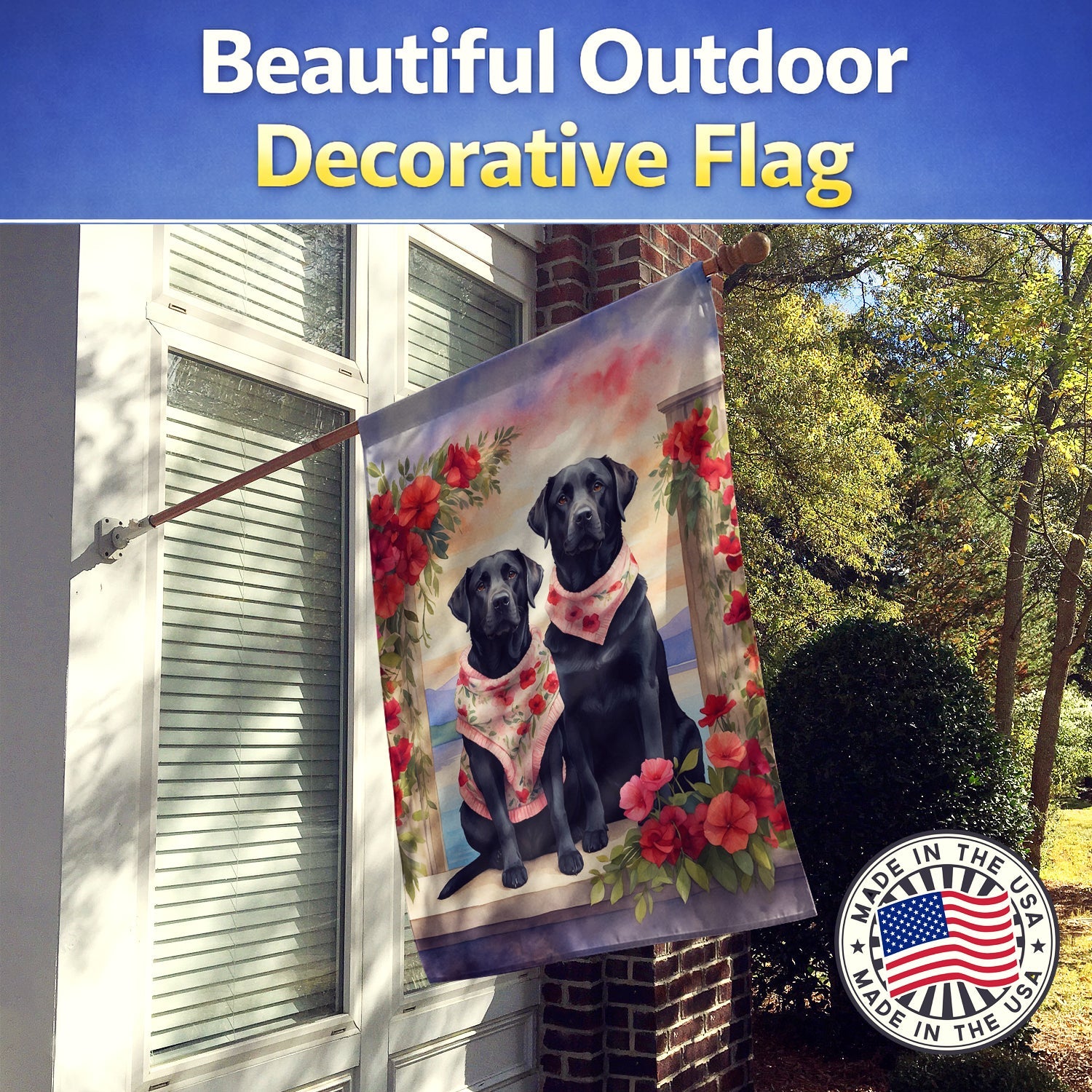 Black Labrador Retriever Two Hearts House Flag 28x40 Porch Sleeve Pole Decorative Outside Yard Banner Artwork Wall Hanging, Polyester