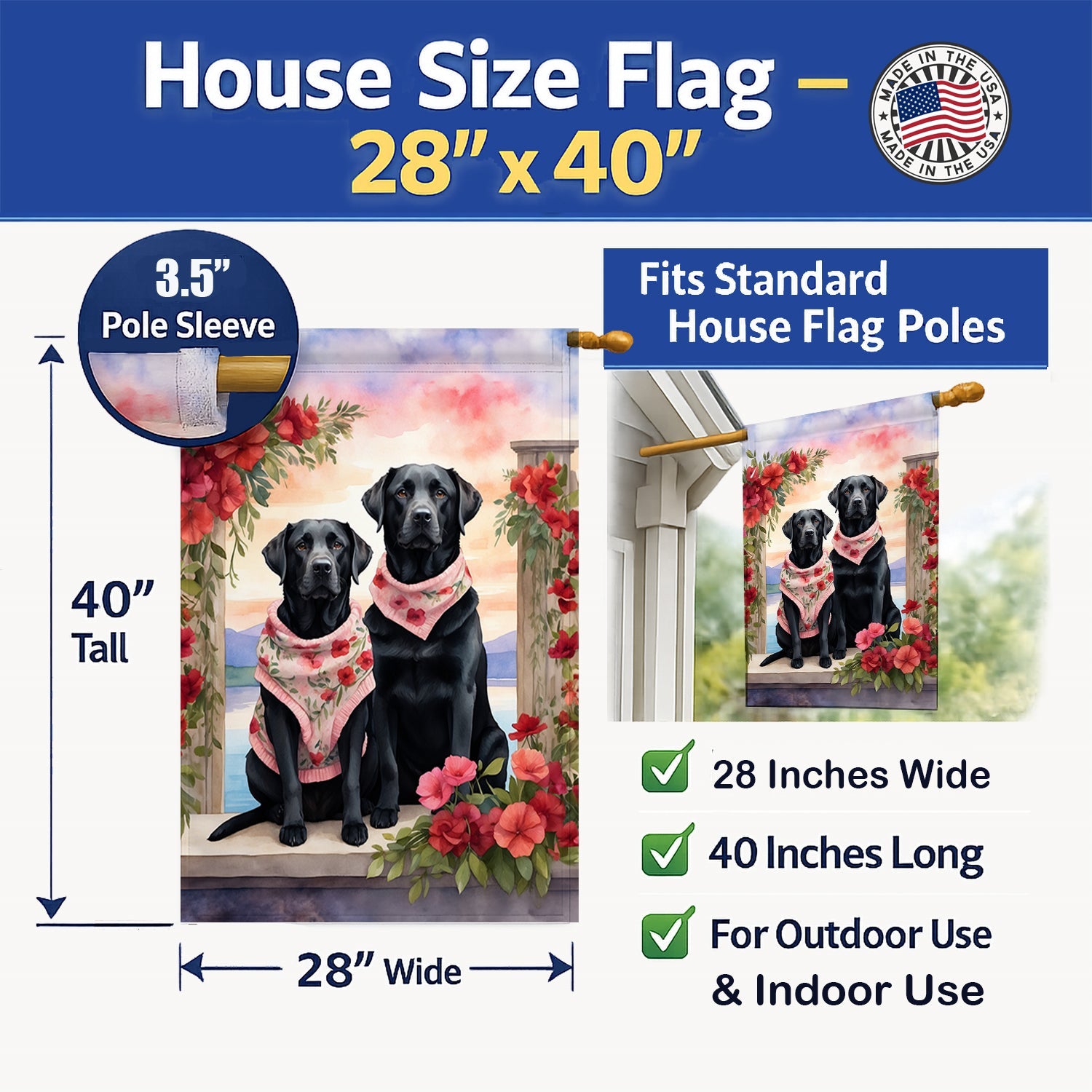 Black Labrador Retriever Two Hearts House Flag 28x40 Porch Sleeve Pole Decorative Outside Yard Banner Artwork Wall Hanging, Polyester