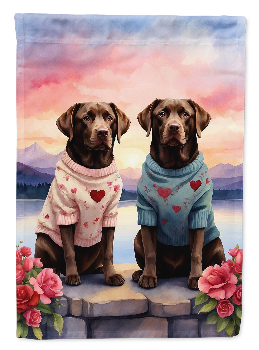Chocolate Labrador Retriever Two Hearts House Flag 28x40 Porch Sleeve Pole Decorative Outside Yard Banner Artwork Wall Hanging, Polyester