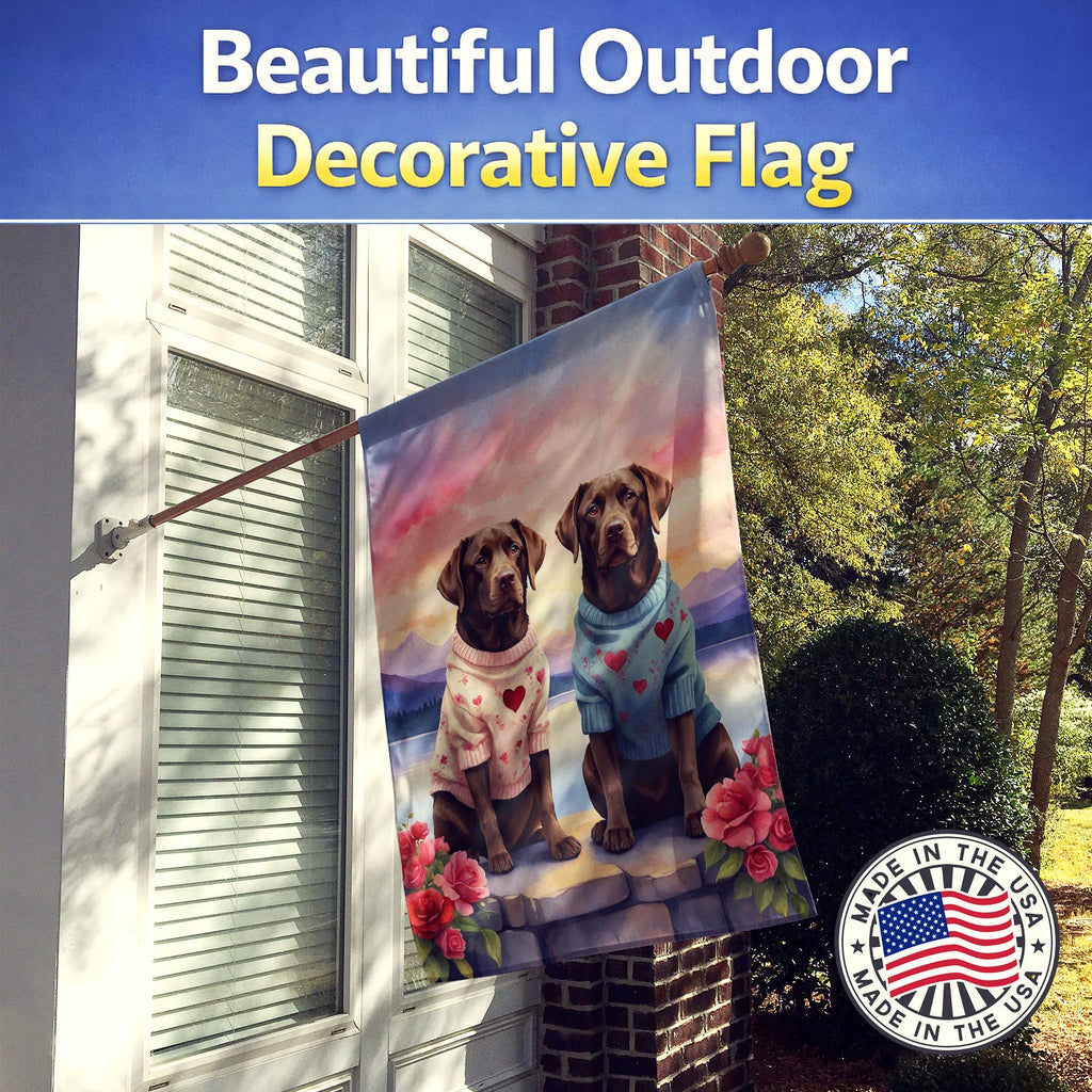 Chocolate Labrador Retriever Two Hearts House Flag 28x40 Porch Sleeve Pole Decorative Outside Yard Banner Artwork Wall Hanging, Polyester